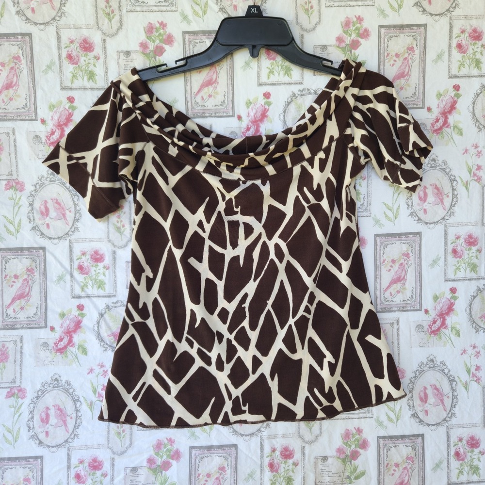 Eva Varro Off Shoulder Top L Brown White Giraffe Print Slinky Knit Stretch USA